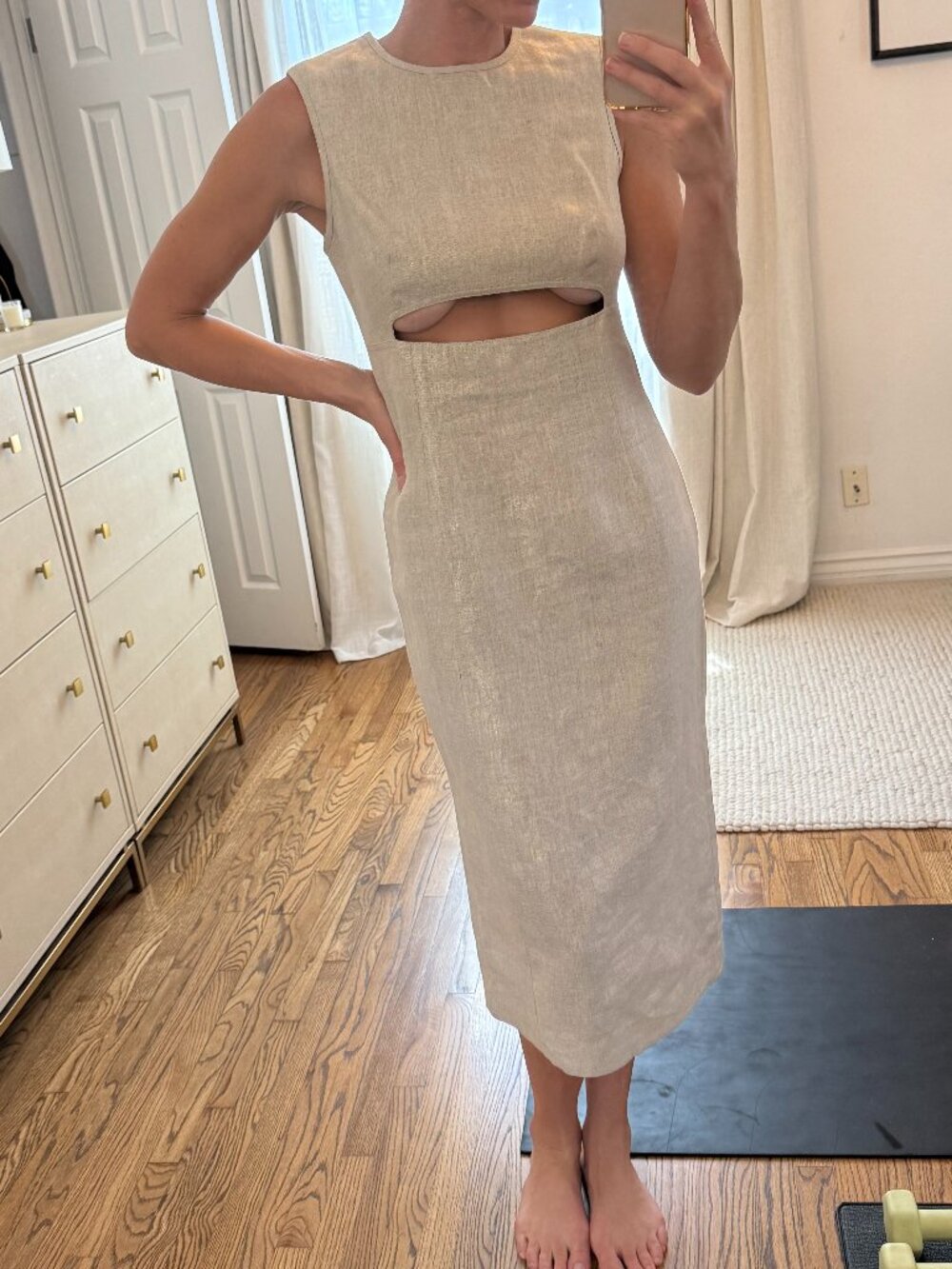 Matthew Bruch Oatmeal Linen Cutout Midi Dress